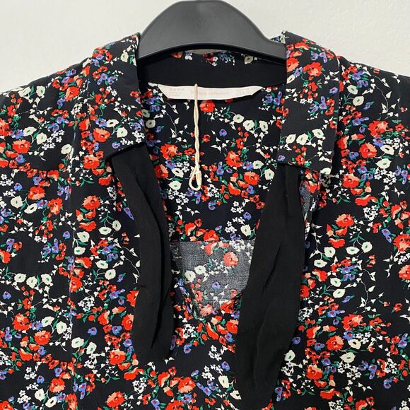 Zara Top Blouse Women's Size M Ribbon Floral Print Long Sleeve Collared - Picture 4 of 12